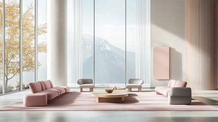 Fototapeta premium Modern Minimalist Living Room with Mountain View: A spacious living area with floor-to-ceiling windows offering breathtaking mountain views. The minimalist design features a neutral color palette.