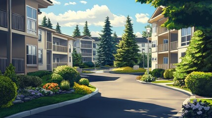 Fototapeta premium Scenic Residential Street with Modern Apartments and Lush Greenery under Blue Sky