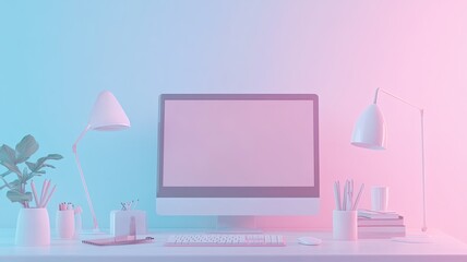Neon Desk Setup: A clean, minimalist workspace illuminated in vibrant blue and pink neon hues, showcasing a desktop computer with a blank screen, ready for your design.