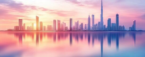 Fototapeta premium Dubai Skyline Sunset Reflection 