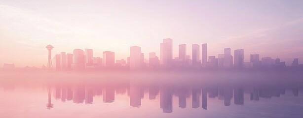 Fototapeta premium City Skyline at Dawn: A dreamy, hazy cityscape silhouette emerges from the mist, bathed in soft, ethereal light as the sun rises over the horizon. This image evokes a sense of tranquility and hope.