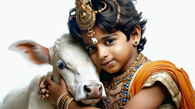 Tender Embrace of Krishna: Boy dressed as Lord Krishna in traditional Indian attire tenderly hugging a calf, love, beauty and serenity