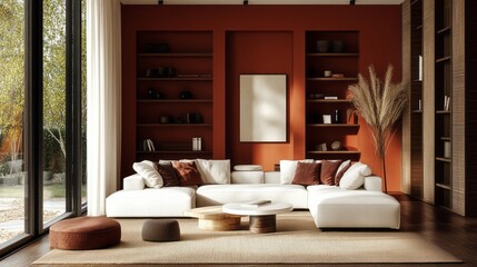 Modern Living Room with White Sectional Sofa, Wooden Bookshelves, and a Beige Rug