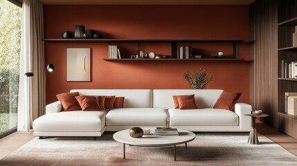 Modern living room with white sectional sofa, orange wall, and a coffee table