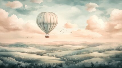 Obraz premium Hot Air Balloon Dreams: A watercolor painting of a serene hot air balloon floating above a landscape of gentle hills and a soft, pastel sky evokes feelings of peace and tranquility.