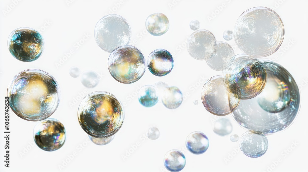 Poster a collection of iridescent bubbles against a white background