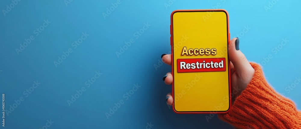 Poster Bright Smartphone Display with Access Restricted Message on Vibrant Background, Focus on Internet Censorship