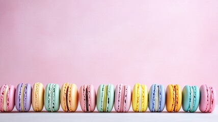 Pastel Dreams: A delightful row of colorful macarons arranged on a white surface against a soft pink background.