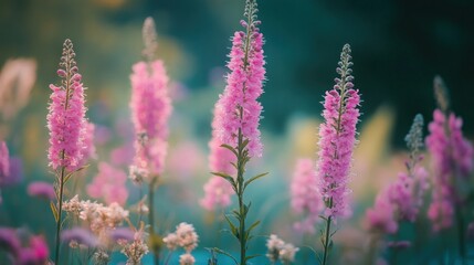 Obraz premium A vibrant display of pink flowers in a serene garden setting.