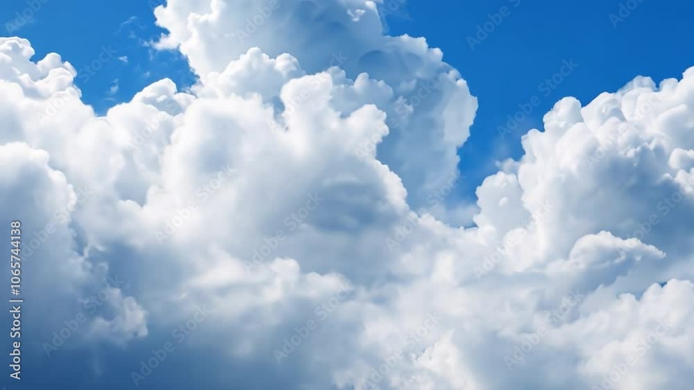 Poster cloudscape serenity: a mesmerizing panorama of fluffy, white clouds drifting across a vibrant blue s