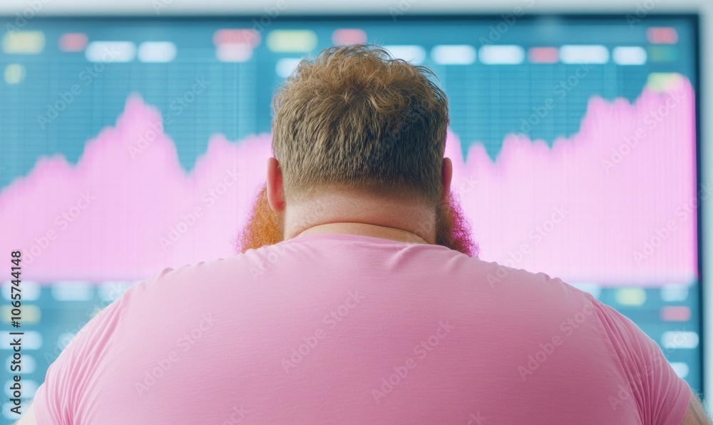 Aufkleber plus-size man analyzing cryptocurrency trends in modern office with vibrant display