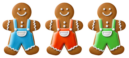Fototapeta premium Smiling Gingerbread Man Cookie Decorated with Icing Overalls in Blue, Red and Green, Isolated on a Transparent Background / Background Removed 