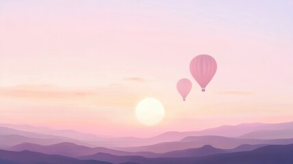 Fototapeta premium Pastel Dreamscape: Hot air balloons gracefully ascend against a breathtaking backdrop of a pastel sunrise over majestic mountains. The soft, ethereal hues evoke a sense of tranquility and wonder.
