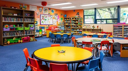 A bright and colorful classroom featuring round tables, chairs, and shelves filled with toys and books, designed for early childhood education.