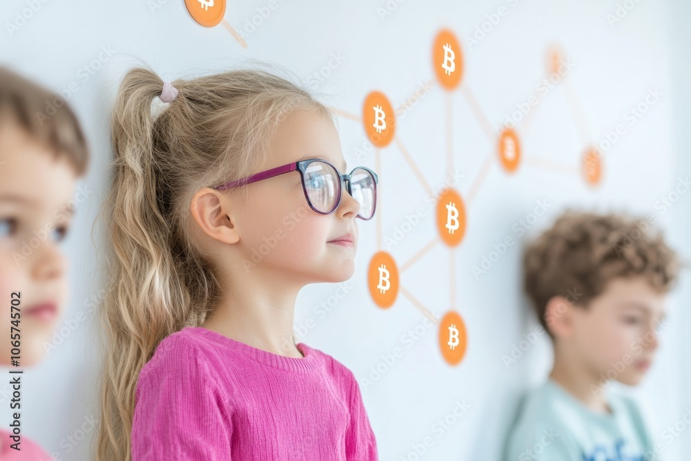 Aufkleber Children Learning Cryptocurrency Concepts in Bright Classroom Setting