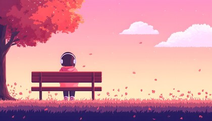 Teen girl in headphones, sitting on a park bench, lost in music with a peaceful expression