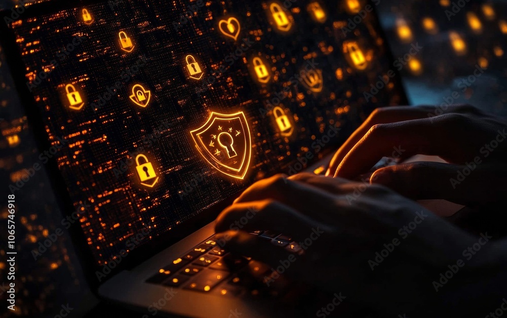 Aufkleber Cybersecurity Focus Hands Typing on Laptop with Floating Shield and Padlock Icons