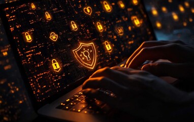 Cybersecurity Focus Hands Typing on Laptop with Floating Shield and Padlock Icons
