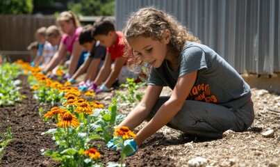 Children and Adults Planting Flowers in a Vibrant Community Garden Outdoors