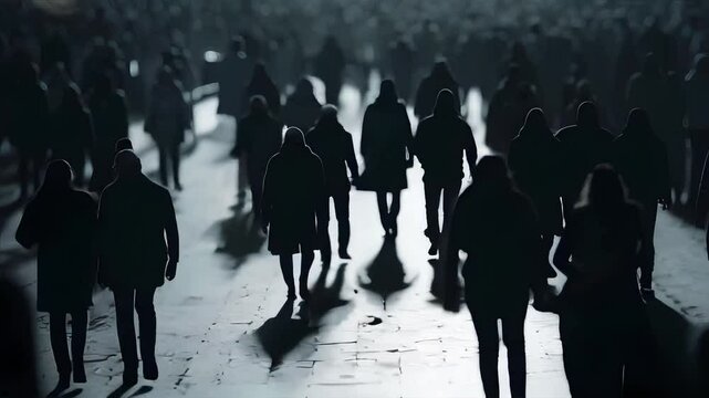 Crowd of sad identical people walking, silhouette , cinematic video animation