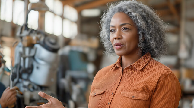 Confident woman leading a workshop in a creative industrial space