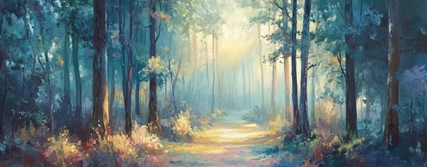 Obraz premium Enchanted Forest Path: A tranquil forest path winds its way through a serene landscape, bathed in the soft glow of morning light, inviting contemplation and a sense of peaceful escape. 