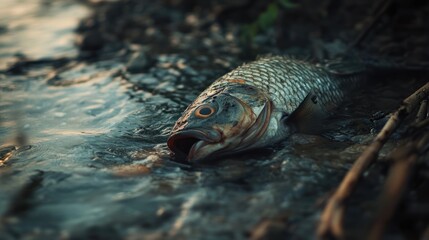 Obraz premium A dead fish lies on the shore, surrounded by water and natural debris.