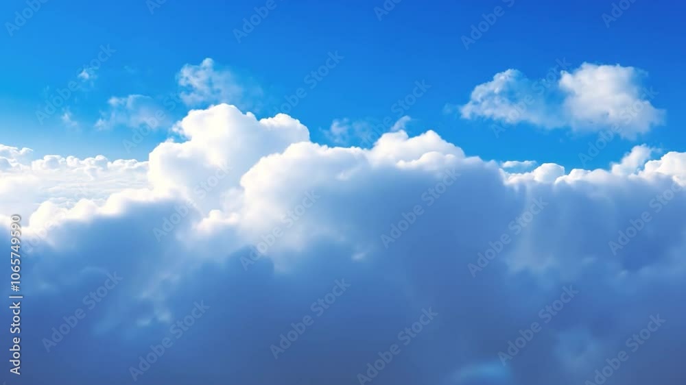 Poster cloudscape serenity: a breathtaking panoramic view of fluffy cumulus clouds drifting across a vibran