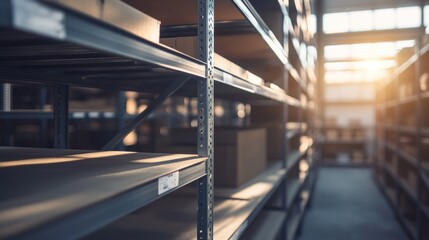 Fototapeta premium A well-lit warehouse interior with empty metal shelves and boxes in the background.