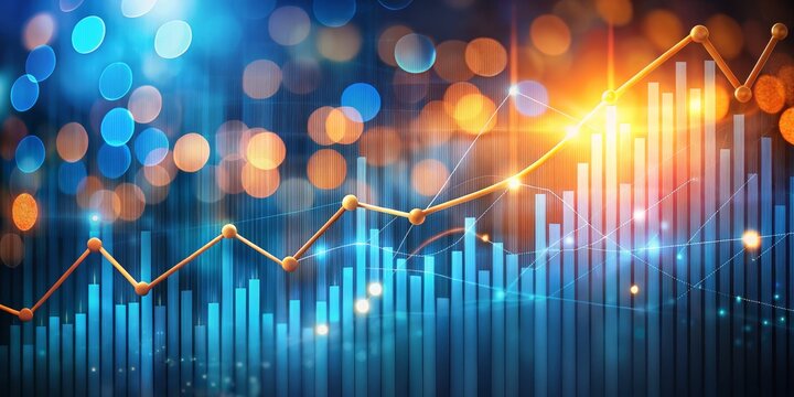 Bokeh-Inspired Data Visualization Golden Line Chart with Blue Bars and Glowing Lights on a Dark Background