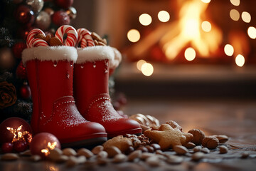 Saint Nicholas Day, Red baby shoes filled with sweets and treats to celebrate Saint Nicholas Day under the Christmas tree, Saint Nicholas holiday card	