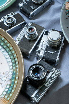 Old film camera. Set different retro photo cameras. Ukraine, Truskavets - August 9, 2024