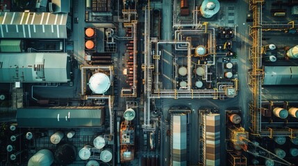 Fototapeta premium Complex industrial layout, intricate network of pipes and storage tanks, aerial view showcasing the organization of a vast manufacturing facility, emphasizing logistical efficiency