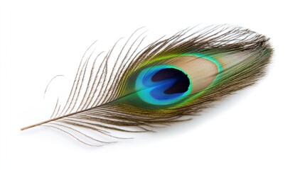 Obraz premium A Single Peacock Feather with Vibrant Colors and Detailed Patterns