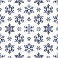 Snowflakes seamless pattern, detailed hand drawn vector line illustration. Graphic outline doodle drawing. Christmas and New Year background for frosty winter design, gift wrapping, packaging, textile