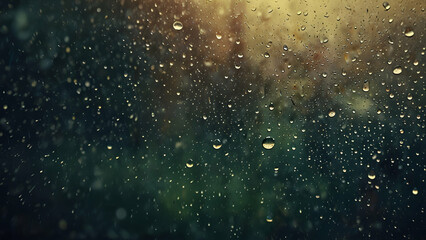 Obraz premium Rain Drops on Foggy Glass Window with Warm Yellow-Green Tones for Moody Background