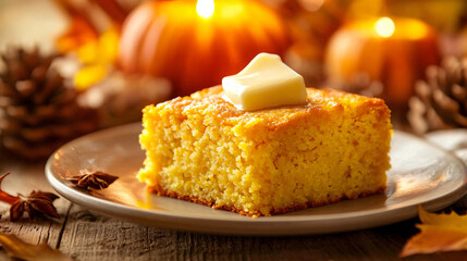 Homemade cornbread on a Thanksgiving plate with butter melting on top.