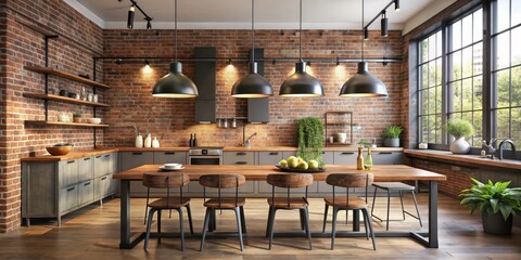 Industrial Chic Kitchen with Brick Wall and Pendant Lights