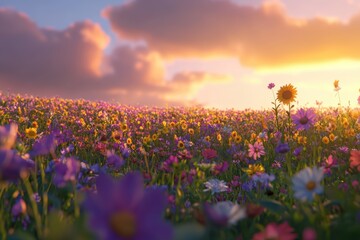 Fototapeta premium 美しい野花が咲き誇る夕暮れ時の風景、空の色が変化する時間帯