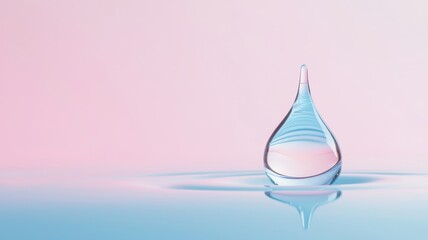 Fototapeta premium A single water droplet on a pastel pink and blue surface.