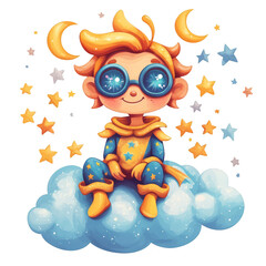 Obraz premium A boy in goggles sits on a cloud with stars.