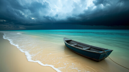 Boat on a calm beach before the storm