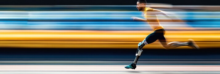 An athlete with a prosthetic leg races down a track, demonstrating speed and resilience in his training routine. Generative AI