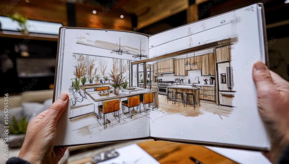 Poster an open sketchbook with detailed architectural and interior design sketches of an industrial modern 