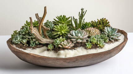 Large, shallow ceramic bowl filled with various succulents in white sand, decorated with driftwood. Each succulent adds unique color and texture, while driftwood offers a natural touch. 