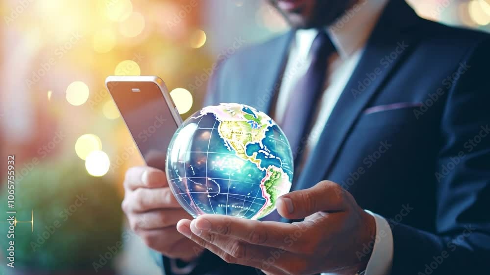 Leinwandbilder global business connection: a businessman holds a transparent globe in his hands, symbolizing global