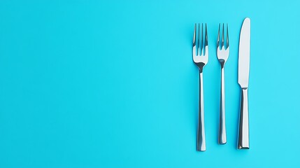 A fork and knife on a plain blue background.