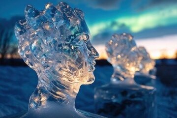fairy-tale ice art, icy sculptures shimmer under a magical sky, each one telling tales of winters wonder and mystery