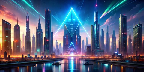 Obraz premium Neon Skyline A futuristic cityscape with towering skyscrapers, glowing lights, and a central building shaped like a triangle, illuminated by vibrant beams of light