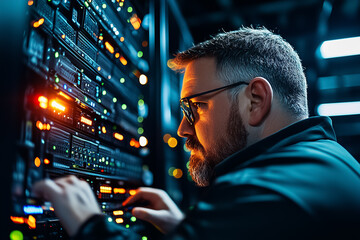 A technician checks server equipment in a data center, surrounded by illuminated displays and cables in the evening